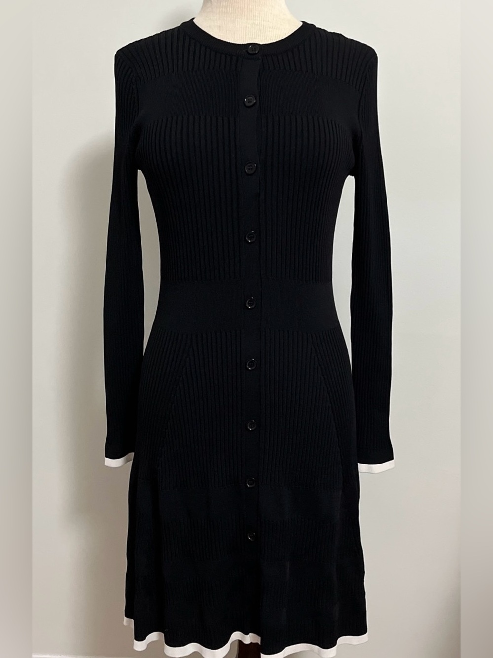 Shoshanna Black Ribbed Knit White Piping Dress